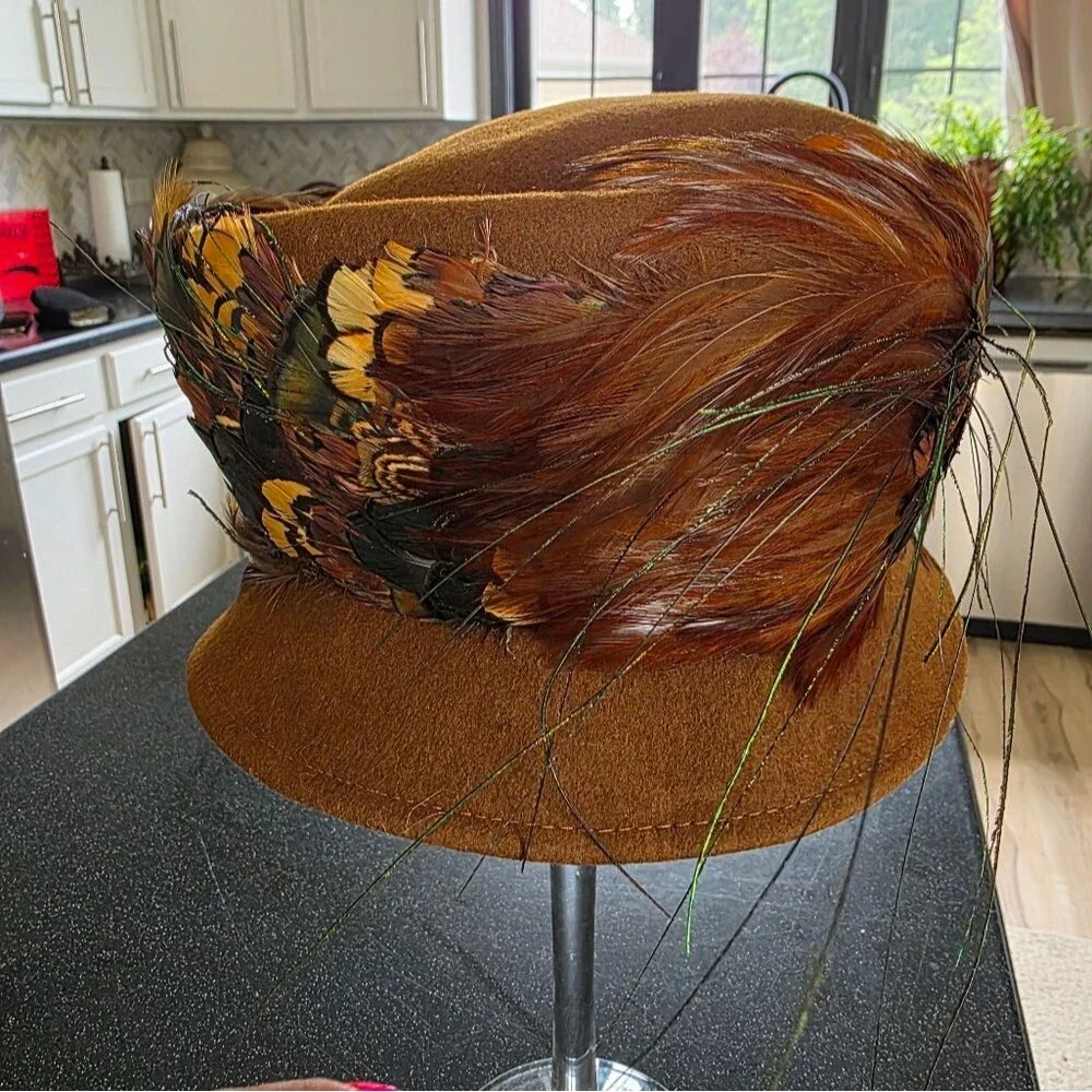 Vtg Peacock Feather Pheasant Hat B. Michael Mysha Brown Felt 21' Derby Racetrack - Picture 2 of 14